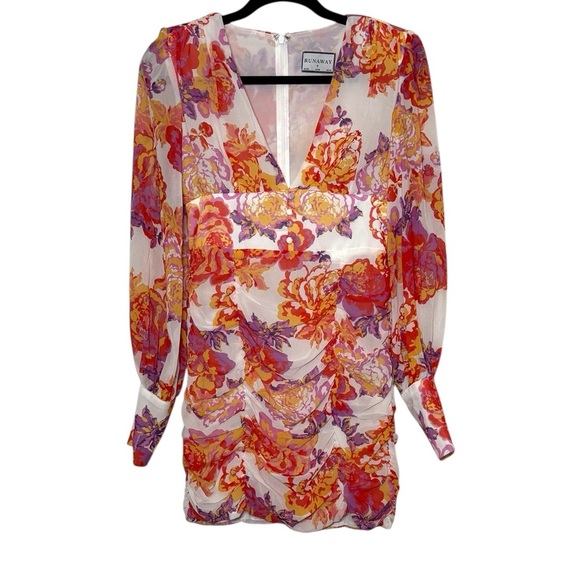 Runaway The Label Acadia Dress Size Small Floral Ruches Mini Dress Sheer Sleeves - Picture 1 of 15